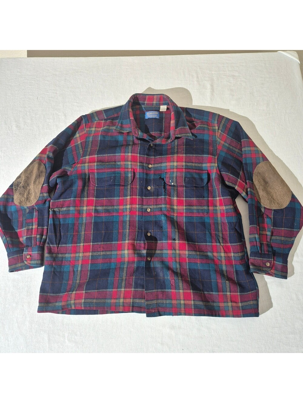 Vintage Pendleton Plaid Wool Grunge Shirt Shacket XL XLarge Leather Elbow Patch
